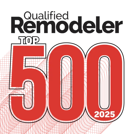 Qualified Remodeler Top 500 logo with bold red 500 and year 2025 in white on black background.