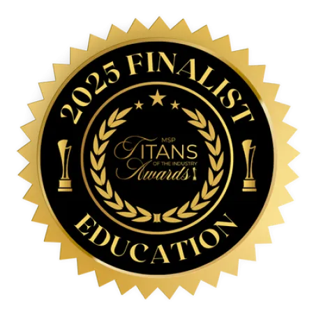 Gold and black seal badge for 2025 Finalist in Education category at MSP Titans of the Industry Awards.