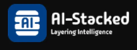AI-Stacked logo with blue square and white layered design featuring AI text and tagline Layering Intelligence