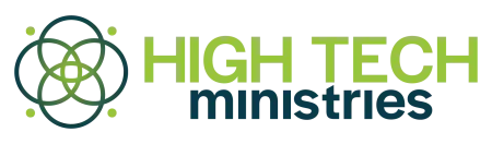 Logo of High Tech Ministries with a green and blue circular interconnected design and text.