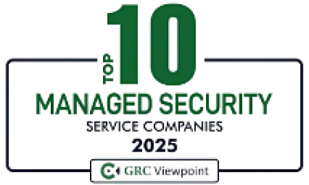 Top 10 managed security service companies 2023 badge from G2 Crowd and GRC Viewpoint.