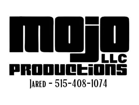 Mojo Productions LLC logo with contact number for Jared 515-408-1074 in bold black text on white background