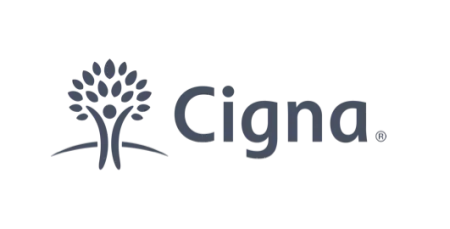 Cigna logo with a stylized tree and human figure in dark gray, representing health services.
