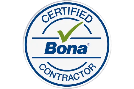 Bona Certified Contractor round logo with green checkmark and blue text on white background