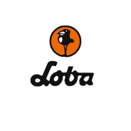 Loba logo featuring a stylized bird inside an orange circle with black cursive text below it