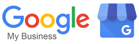 Google My Business logo with colorful Google text and blue storefront icon featuring a G