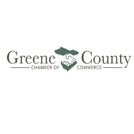 Greene County Chamber of Commerce logo with handshake and county map icons in green and brown.