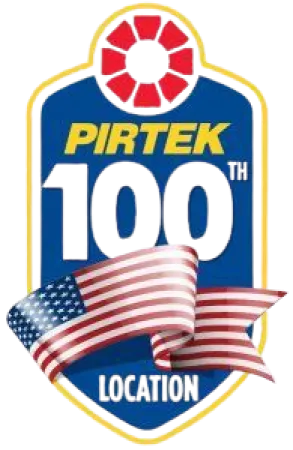 Pirtek 100th location logo featuring American flag and bold colors in a shield design.