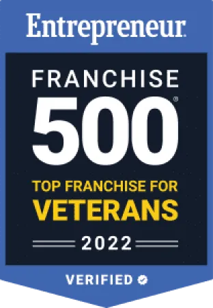 Entrepreneur Franchise 500 badge for top franchises for veterans in 2022 verified award.