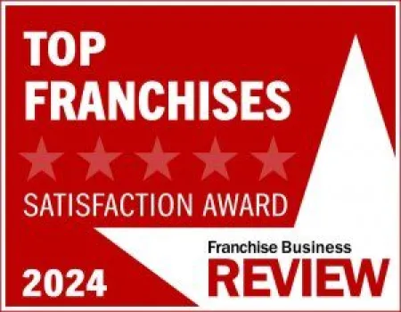Top Franchises Satisfaction Award 2024 badge with five stars and Franchise Business Review logo on red background