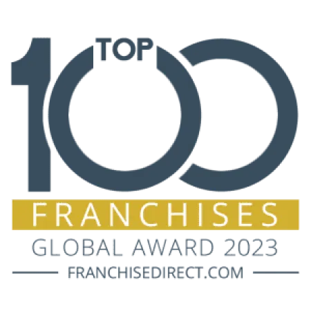 Logo for Top 100 Franchises Global Award 2023 by FranchiseDirect.com in blue and gold colors.