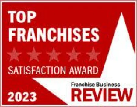 Top Franchises Satisfaction Award 2023 badge from Franchise Business Review in red and white.