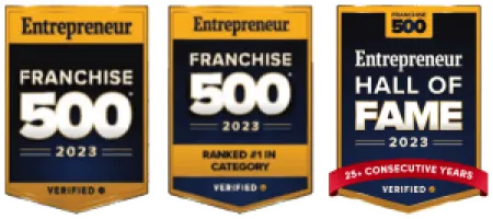 Entrepreneur Franchise 500 2023 badges highlighting top rankings and Hall of Fame recognition for franchises.
