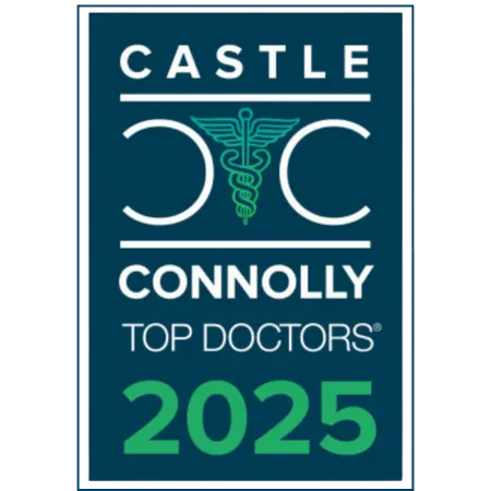 Castle Connolly Top Doctors 2025 logo with medical caduceus symbol in teal and green on dark blue background.