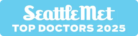 SeattleMet Top Doctors 2025 logo with white text on a light blue rounded rectangle background.