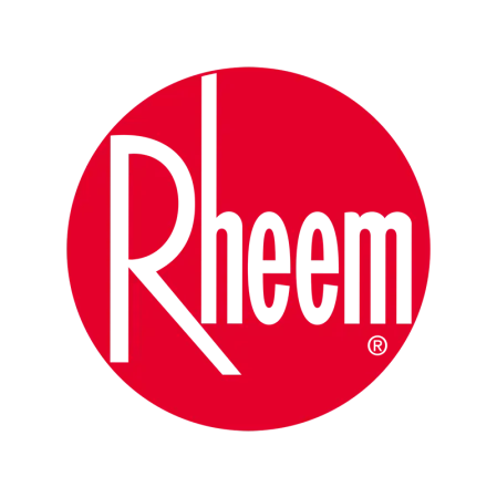 Rheem logo featuring bold black text on a vibrant red circle background.