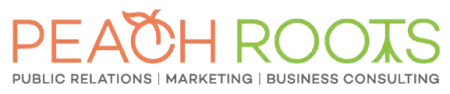 Peach Roots logo featuring peach icon integrated with text, highlighting PR, marketing, and business consulting services.