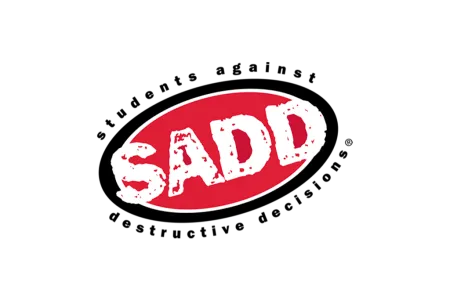 SADD logo in white distressed text on a red oval background against black.