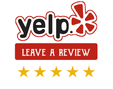 Yelp logo with red leave a review button and five gold stars below encouraging customer reviews.