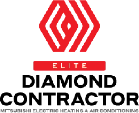 Red geometric logo above red rectangle with white text 'ELITE' for Mitsubishi Electric Heating and Air Conditioning