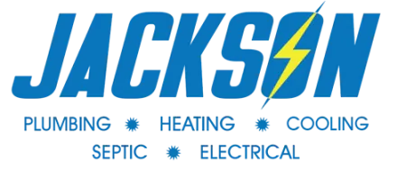 Jackson logo with a yellow lightning bolt in the S and services listed including plumbing, heating, cooling, septic, and electrical.