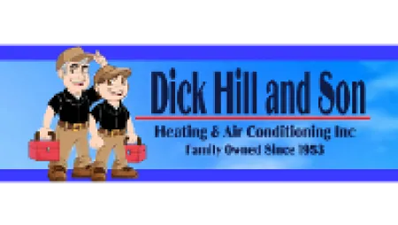 Logo for Dick Hill and Son Heating & Air Conditioning with cartoon father and son holding toolboxes