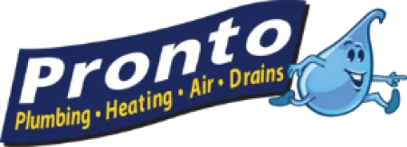 Pronto logo with a smiling blue water drop mascot and text Plumbing, Heating, Air, Drains in yellow.