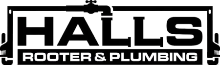 Halls Footer and Plumbing logo in bold black text with rectangular border and small decorative accents.