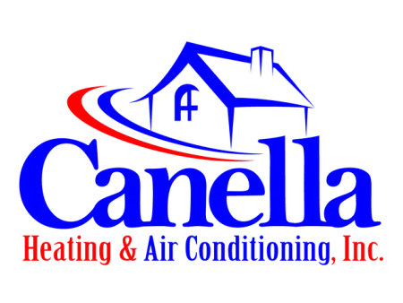 Logo of Canella Heating & Air Conditioning featuring a blue house with red and blue swooshes