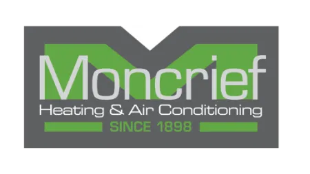 Moncrief Heating & Air Conditioning logo with a green and gray design, established since 1898.
