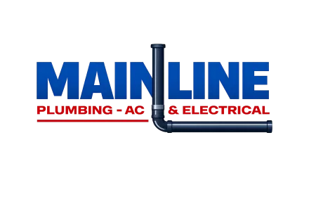 Main Line Plumbing, AC & Electrical logo with bold blue and red text and pipe graphic integrated into the text.