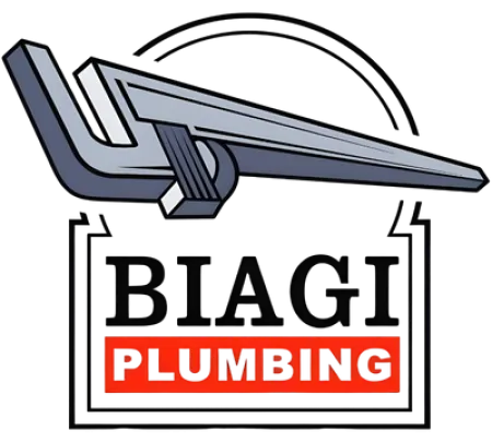 BIAGI Plumbing logo with stylized pipe wrench and bold red text on a black background