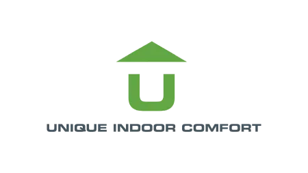 Unique Indoor Comfort logo with a green upward arrow forming a house above a U shape in gray text.