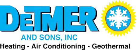 Detmer and Sons Inc logo with a blue snowflake inside a yellow sun, highlighting heating, air conditioning, and geothermal services