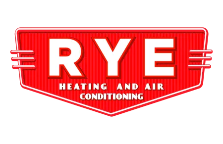 Red retro sign with white bold letters spelling RYE and smaller text Heating and Air Conditioning