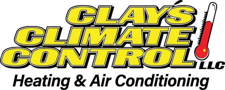 Yellow bold text CLAYS CLIMATE CONTROL next to red thermometer icon on black background