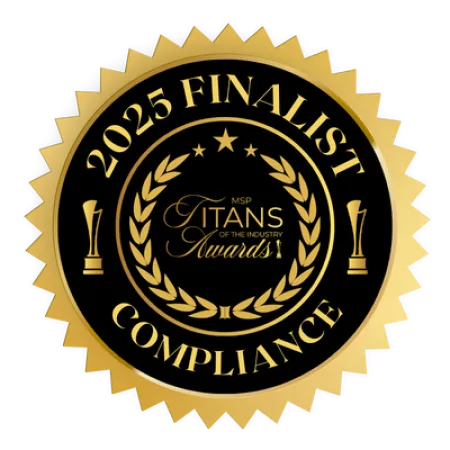 Gold and black 2025 finalist compliance award seal with laurel wreath and trophies graphic