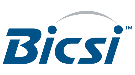 Bicsi logo with blue stylized letters and an arc connecting the dots above letters i and t.