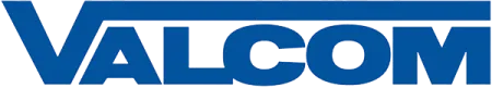 Valcom company logo with bold blue uppercase lettering and a triangular design on the V.