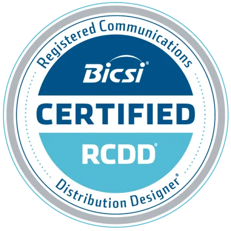 Bicsi Certified Registered Communications Distribution Designer (RCDD) official badge logo in blue and gray.