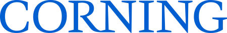 Blue Corning logo with bold uppercase letters on a transparent background.