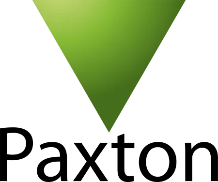 Paxton company logo featuring a green gradient downward arrow above the black text