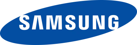 Samsung logo with black text inside a blue elliptical shape on a white background