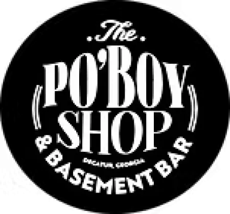 Logo of The Po'Boy Shop and Basement Bar in Victoria, Louisiana on a black background.