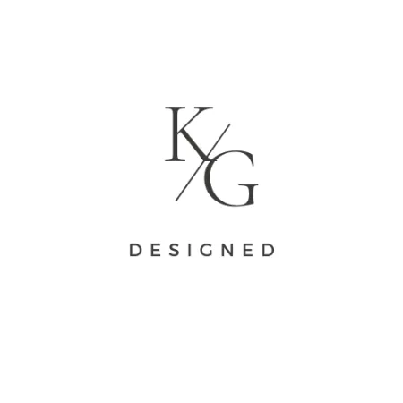 Minimalist logo with letters K and G separated by a diagonal line and the word DESIGNED below