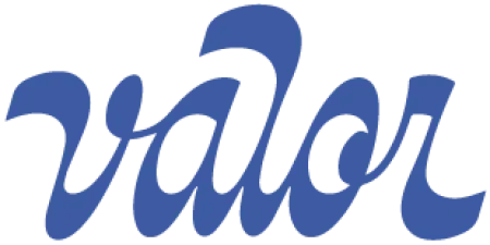 Valor logo in blue cursive script with connected flowing letters on a transparent background