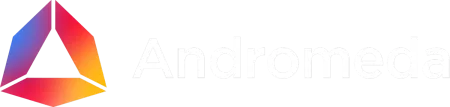Andromeda logo featuring a triangular gradient icon with blue, purple, red, and yellow colors next to white text on black background