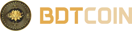 BDTcoin digital cryptocurrency logo with gold coin featuring a lotus and circuit design on black background.