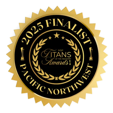 Gold and black circular seal for 2025 Finalist Pacific Northwest Titans of the Industry Awards with laurel wreath and star.