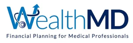 WealthMD logo with a stethoscope and upward arrow symbolizing financial planning for medical professionals.